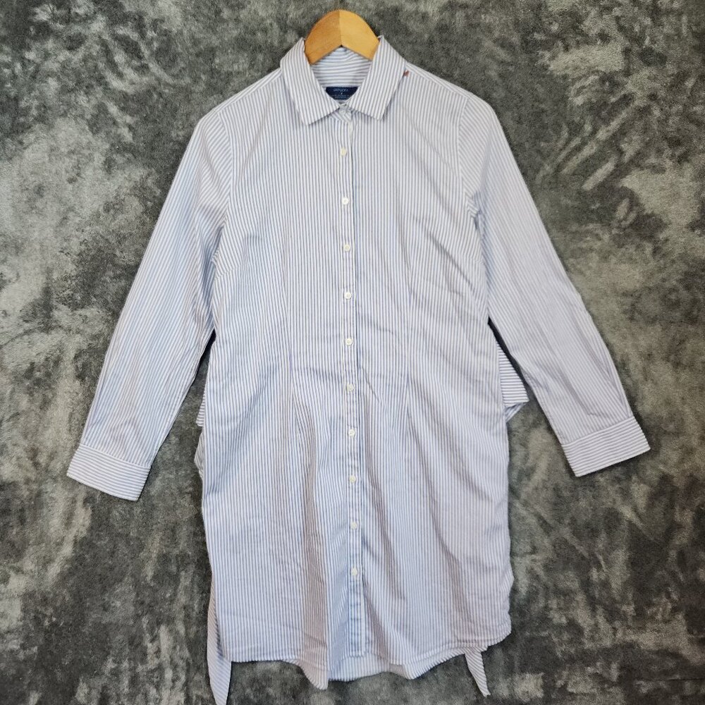 UNTUCKIT Women Blue White Pinstripe Front Tie Shirt Dress 8 Long Sleeve Button - Picture 2 of 10